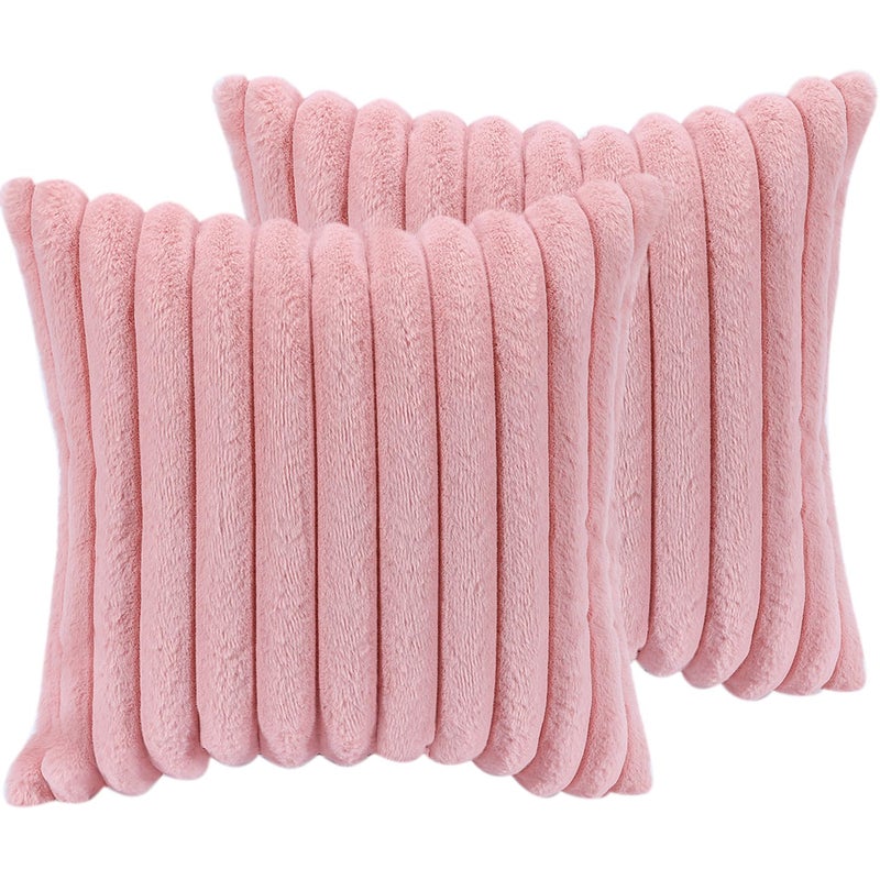 COTEY 18x18 Throw Pillow Covers Set of 2  Decorative Faux Fur Covers for Bed  Couch Soft Fluffy Pillow Cover with Velvet Back for Living Room  Neutral Home D?cor Accent for Sofa - Pink - Image 1